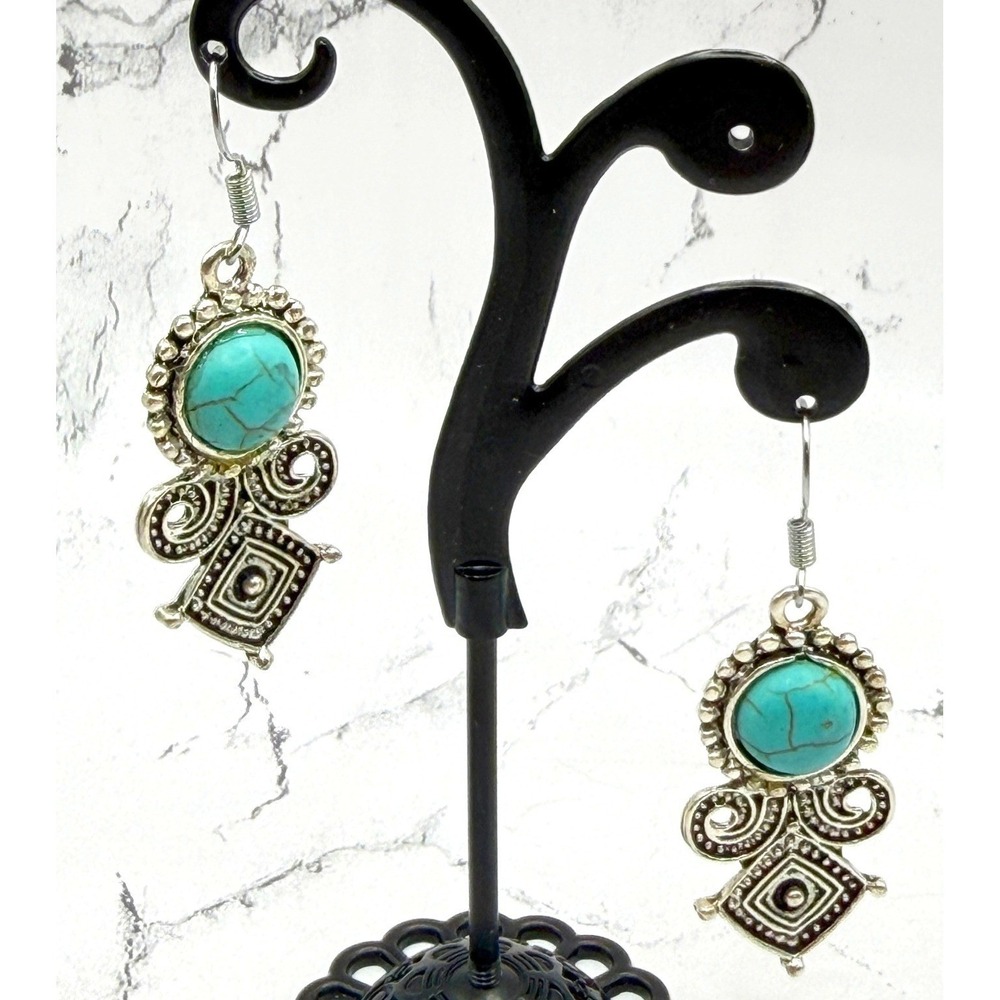 Silver Turquoise Dangle Earrings Boho Southwestern Ornate Drop